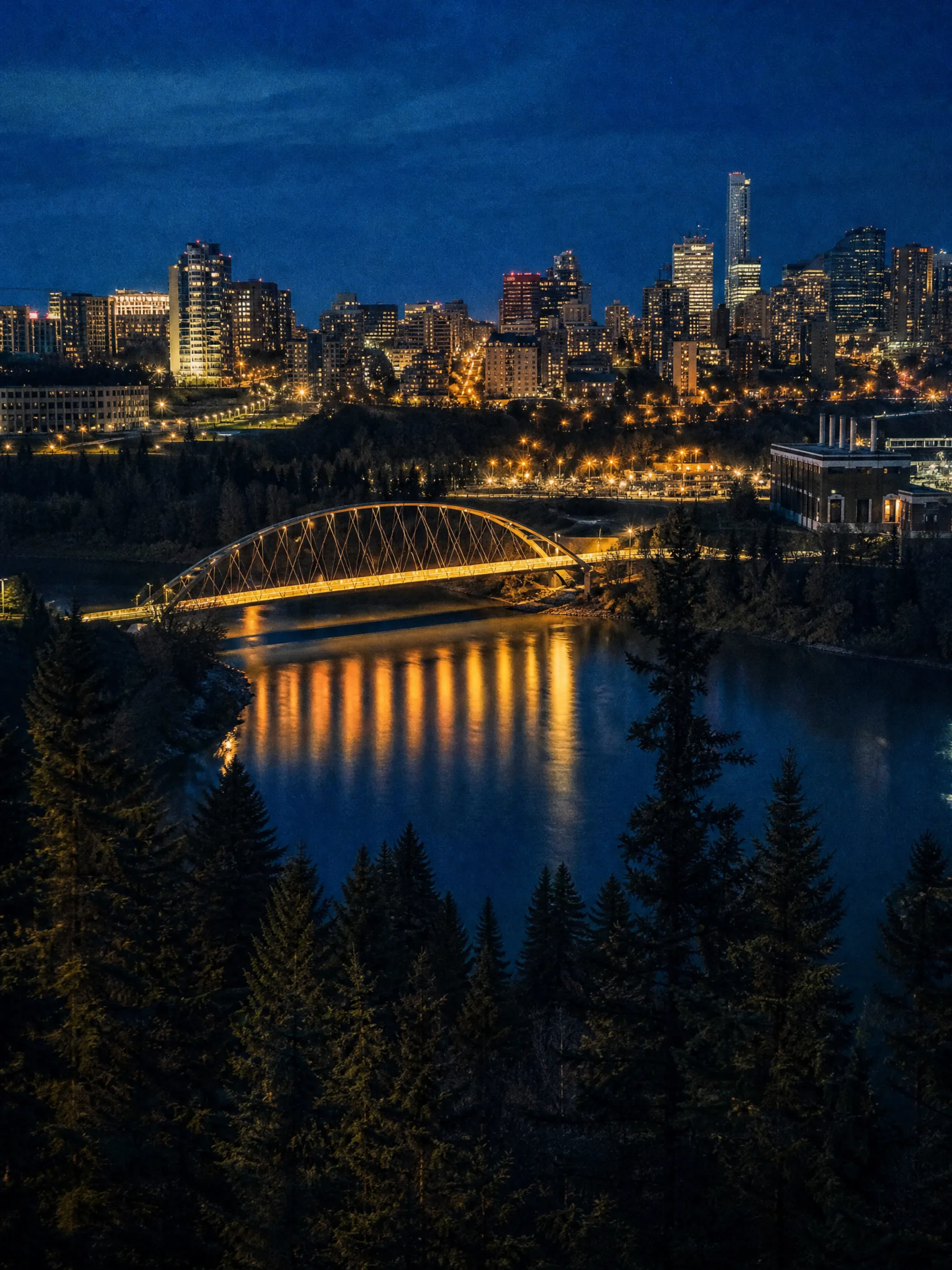 The river valley in Edmonton at night, bridge lights reflected in the water