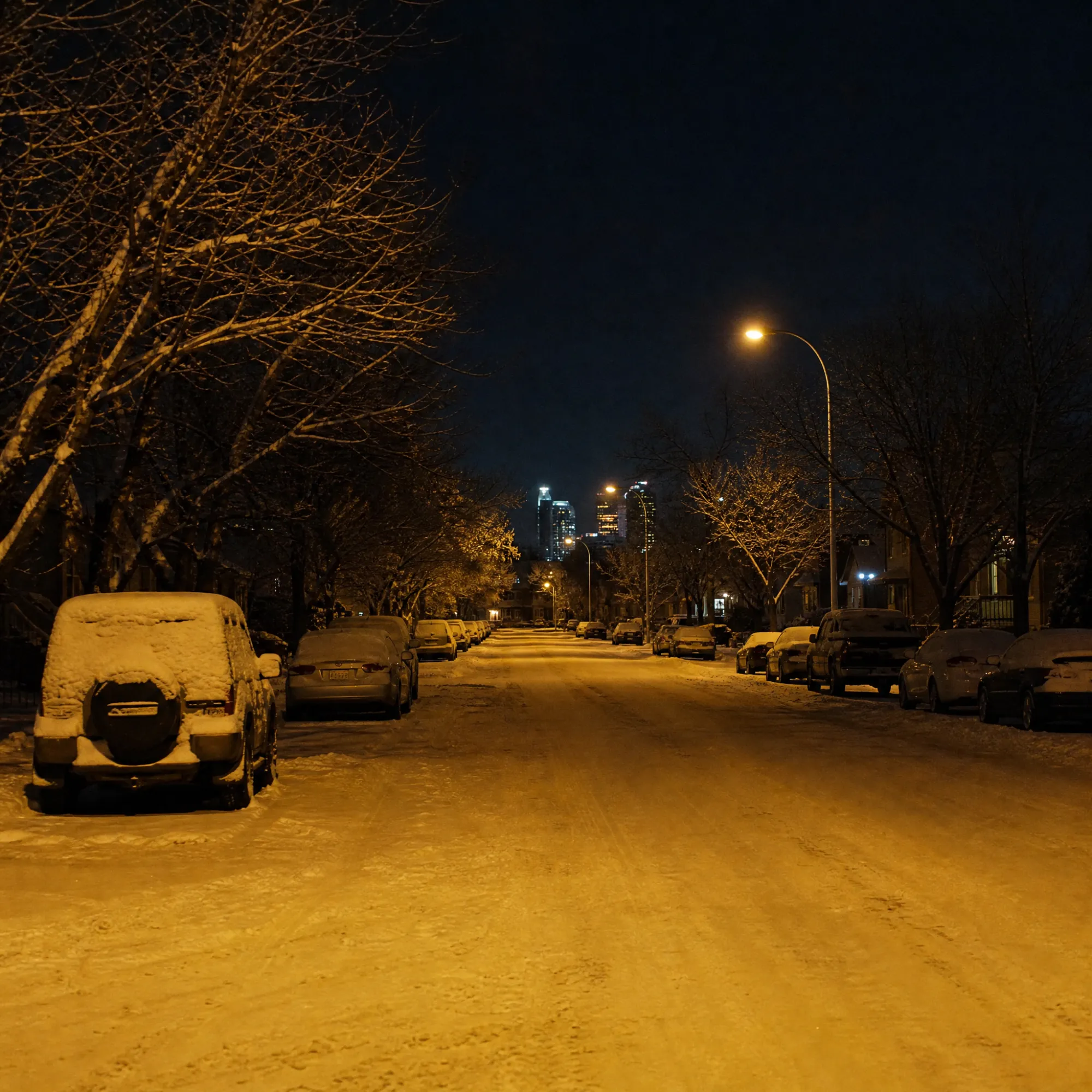 A snowy residential street in Edmonton at night under amber streetlights